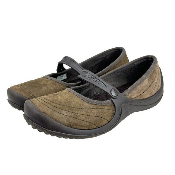 CROCS Mary Janes Shoes Women's Size 8 Brown Wrapped Nubuck Leather Comfort Wedge - Picture 1 of 15